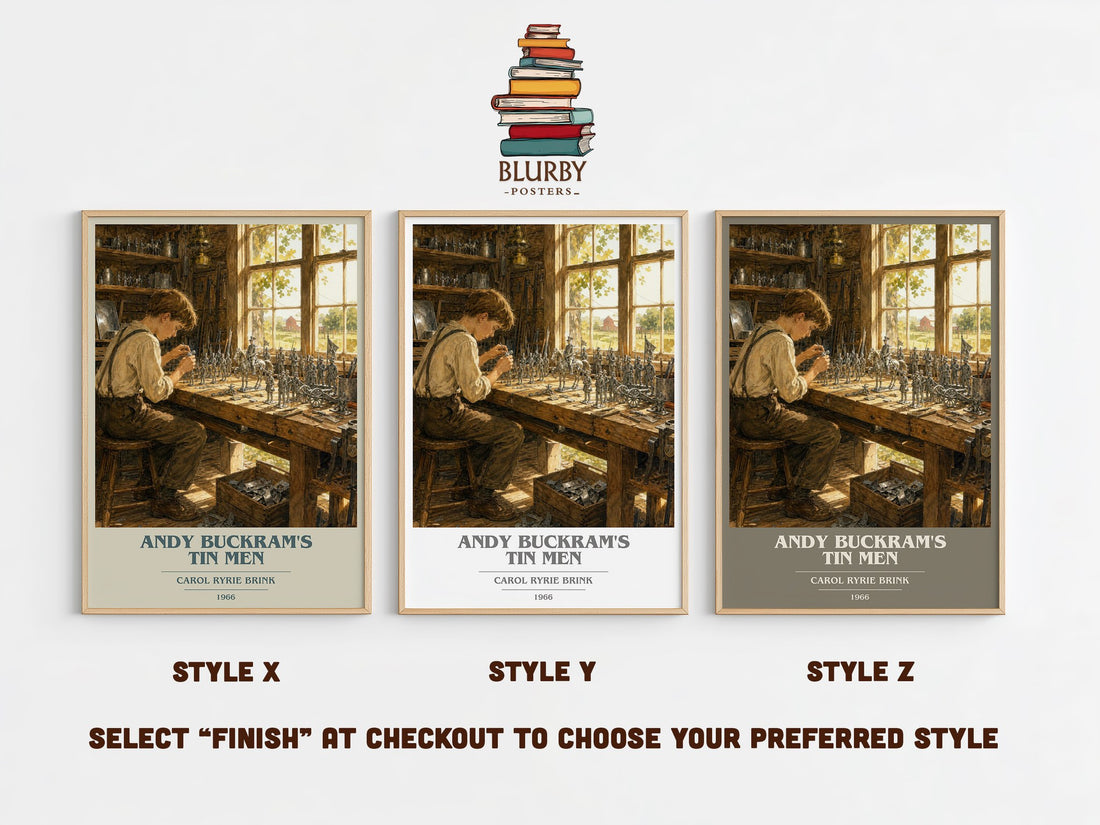 Andy Buckram's Tin Men book cover print in frame leaning in hallway – childrens wall art (mockup)