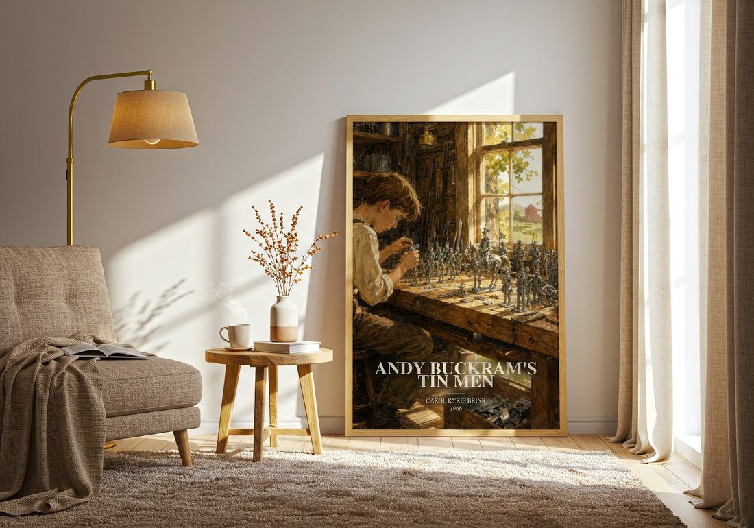 Andy Buckram's Tin Men watercolour print in frame leaning in hallway – childrens wall art
