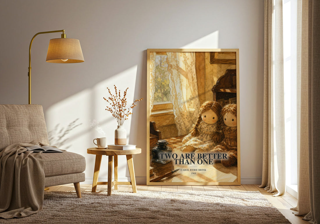 Two Are Better Than One watercolour print in frame leaning in hallway – coming of age wall art