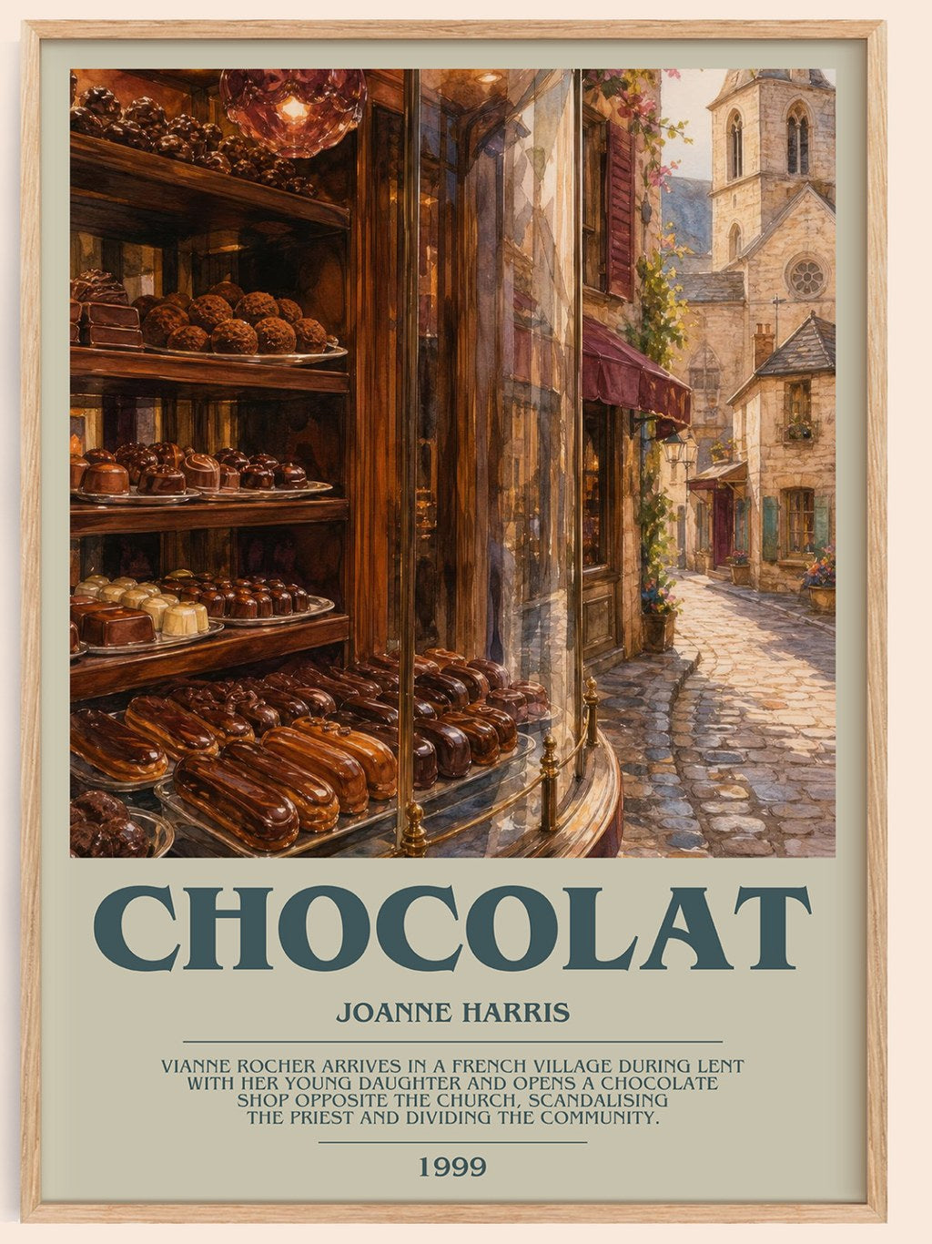 Chocolat bookish book poster by Joanne Harris – framed literary art print