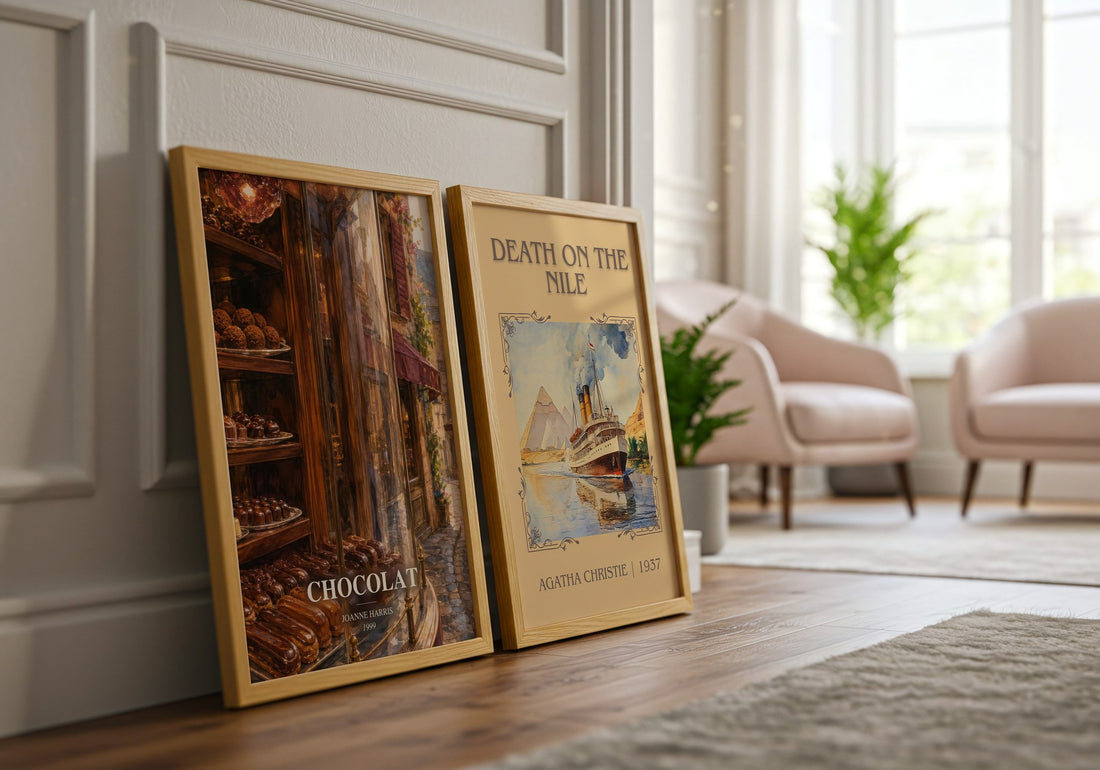 Chocolat watercolour print framed by window – literary home decor