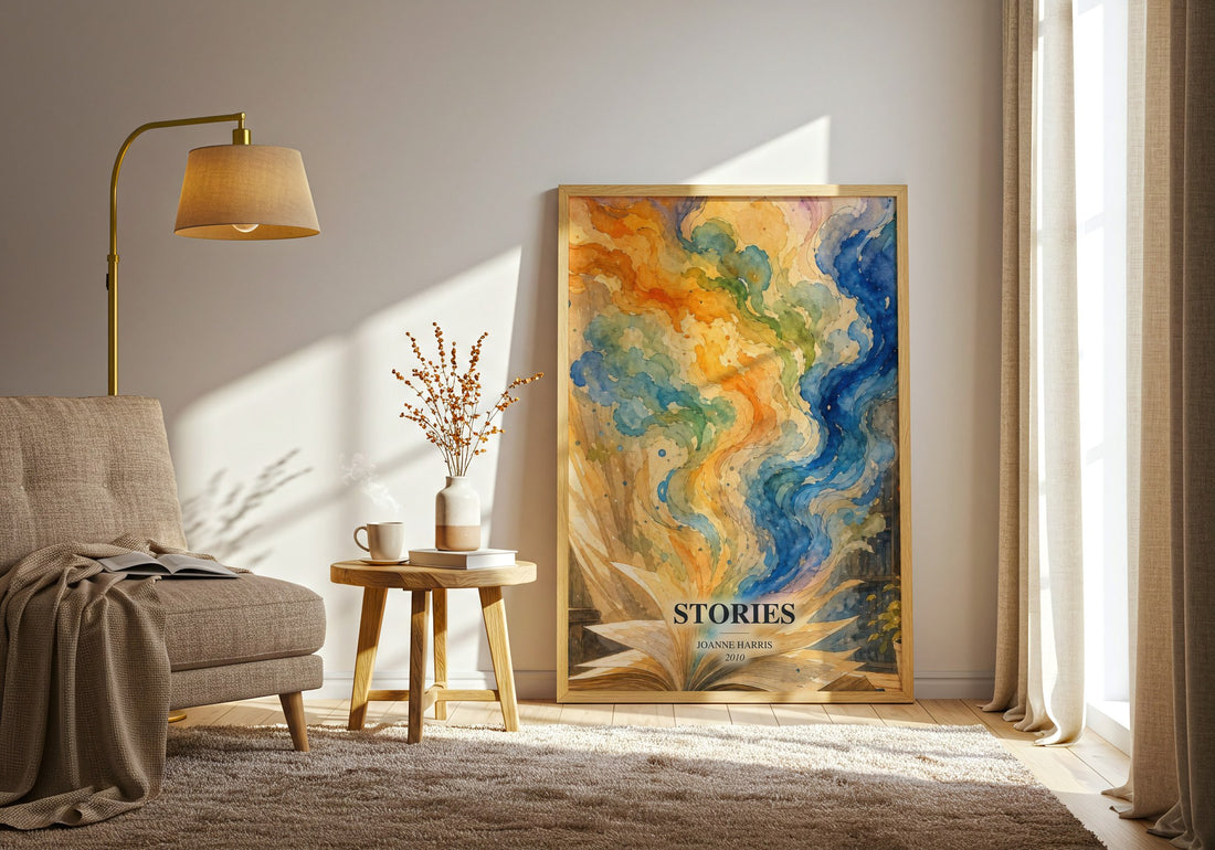 Stories watercolour print in frame leaning in hallway – literary fiction wall art