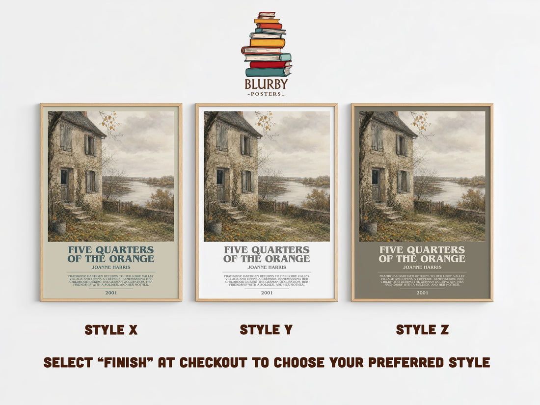 Five quarters of the orange bookish print in frame leaning in hallway – literary fiction wall art (mockup)