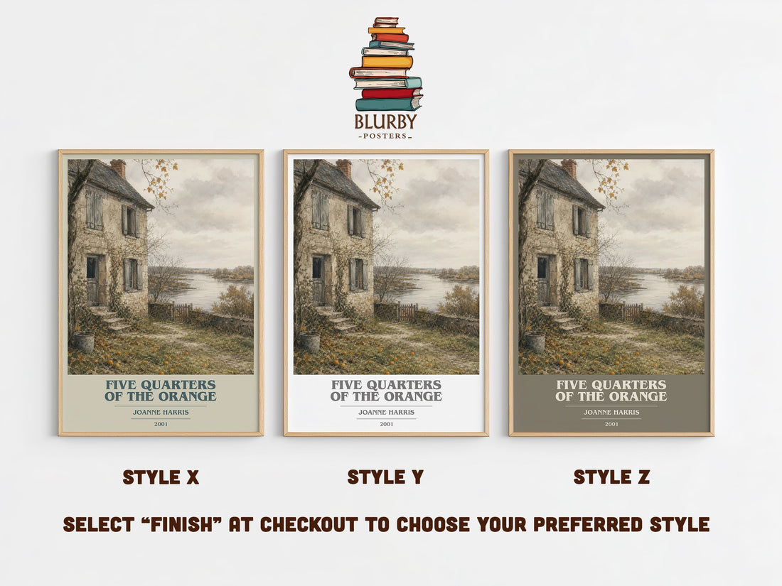 Five quarters of the orange book cover print in frame leaning in hallway – literary fiction wall art (mockup)