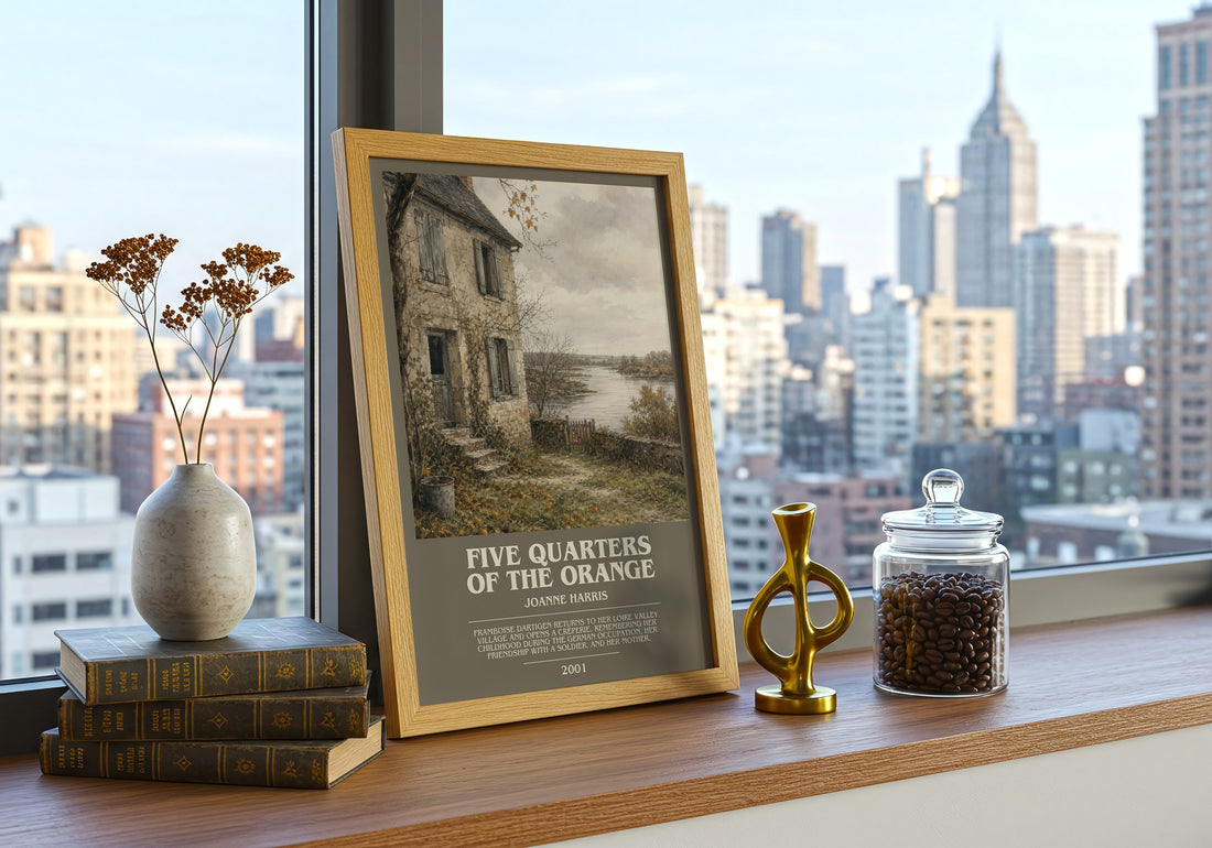 Five quarters of the orange bookish print framed by window – literary home decor