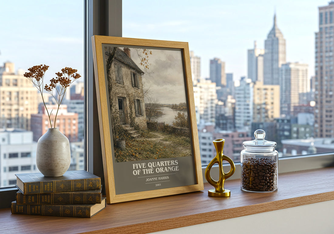 Five quarters of the orange book cover print framed by window – literary home decor