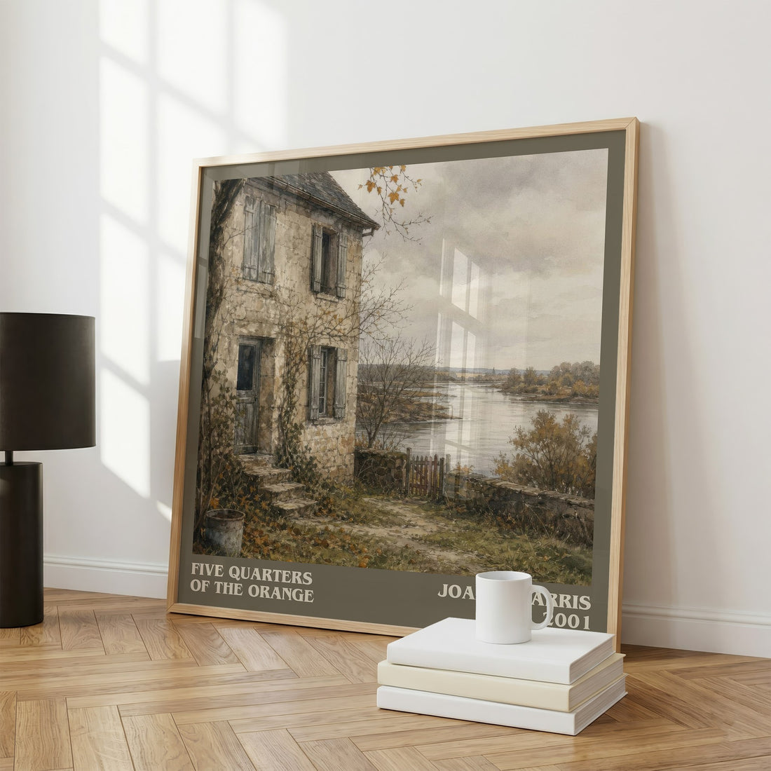 Five quarters of the orange literary print framed by window – literary home decor