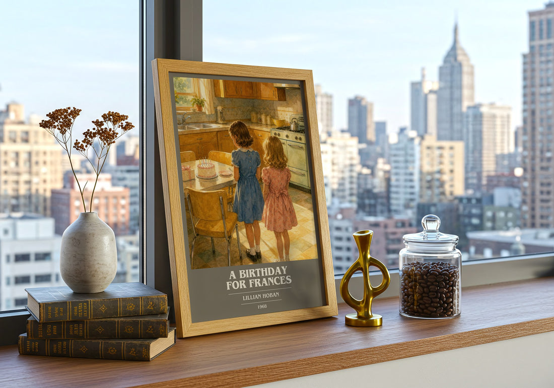 A birthday for Frances book cover print framed by window – literary home decor