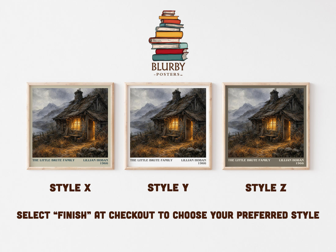 The little Brute family literary print in frame leaning in hallway – childrens wall art (mockup)
