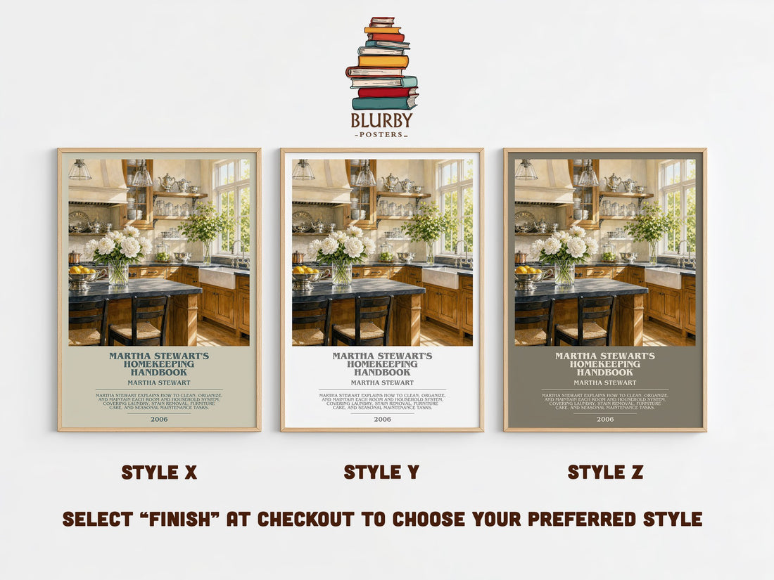 Martha Stewart's Homekeeping Handbook bookish print in frame leaning in hallway – non fiction wall art (mockup)
