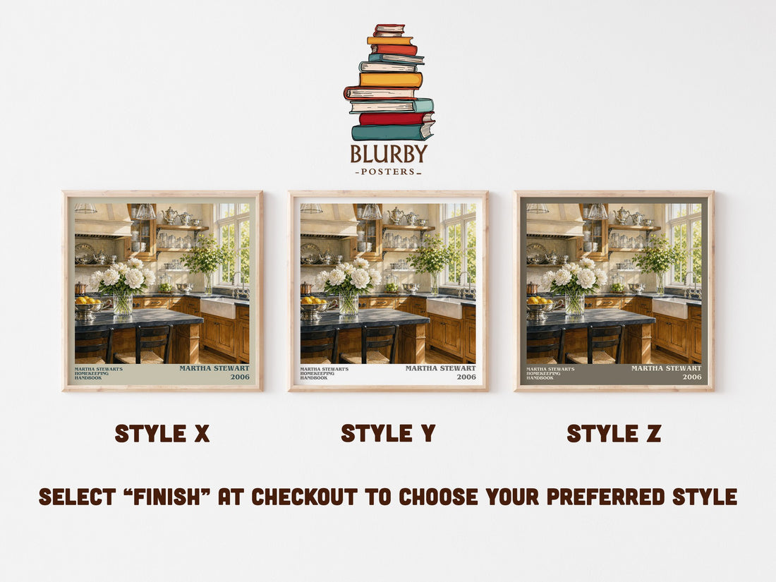Martha Stewart's Homekeeping Handbook literary print in frame leaning in hallway – non fiction wall art (mockup)
