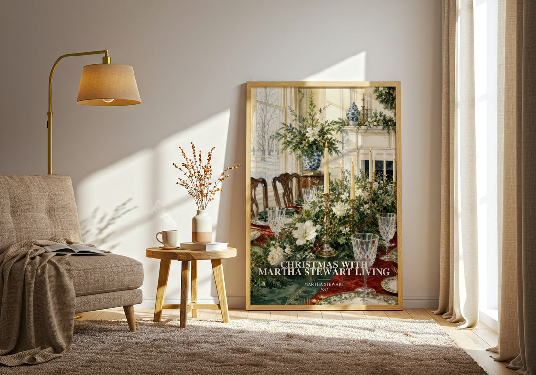 Christmas with Martha Stewart living watercolour print in frame leaning in hallway – non fiction wall art