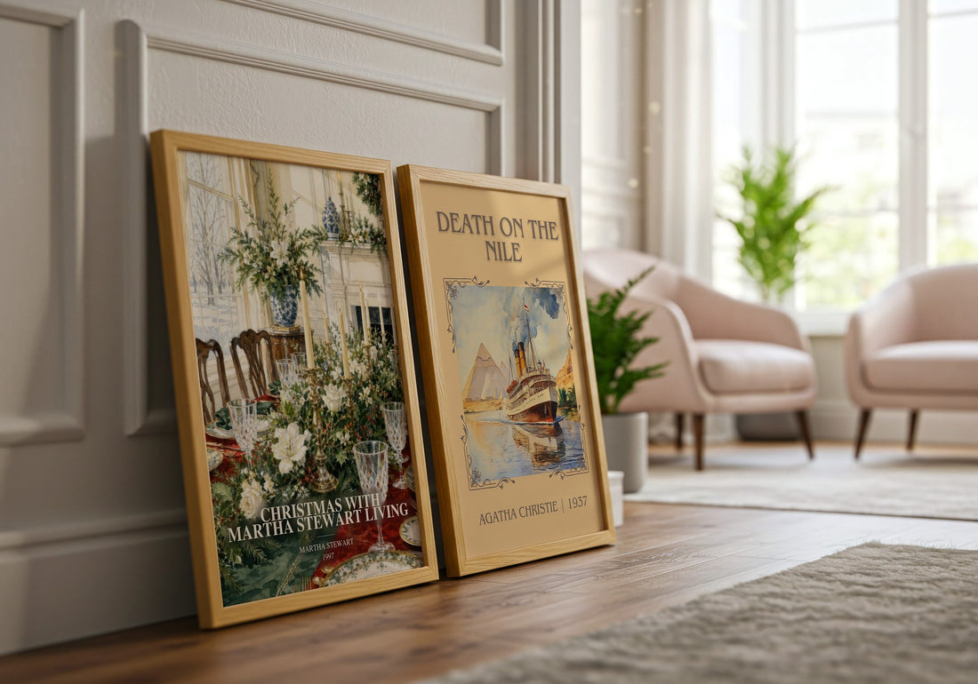 Christmas with Martha Stewart living watercolour print framed by window – literary home decor