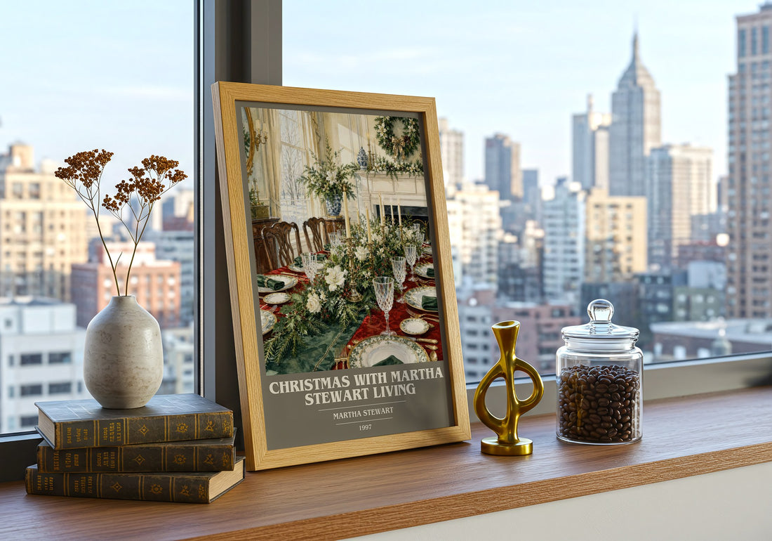 Christmas with Martha Stewart living Book Cover Poster by M. Stewart – framed print on a city-view windowsill