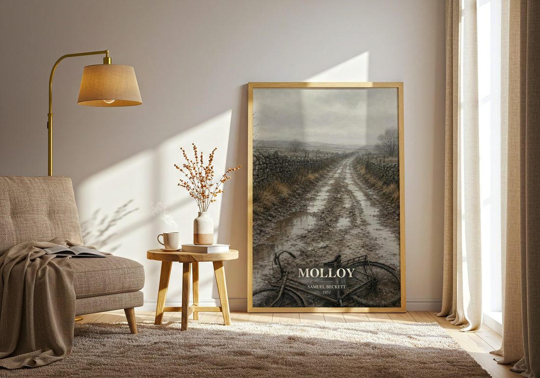 Molloy watercolour print in frame leaning in hallway – literary fiction wall art