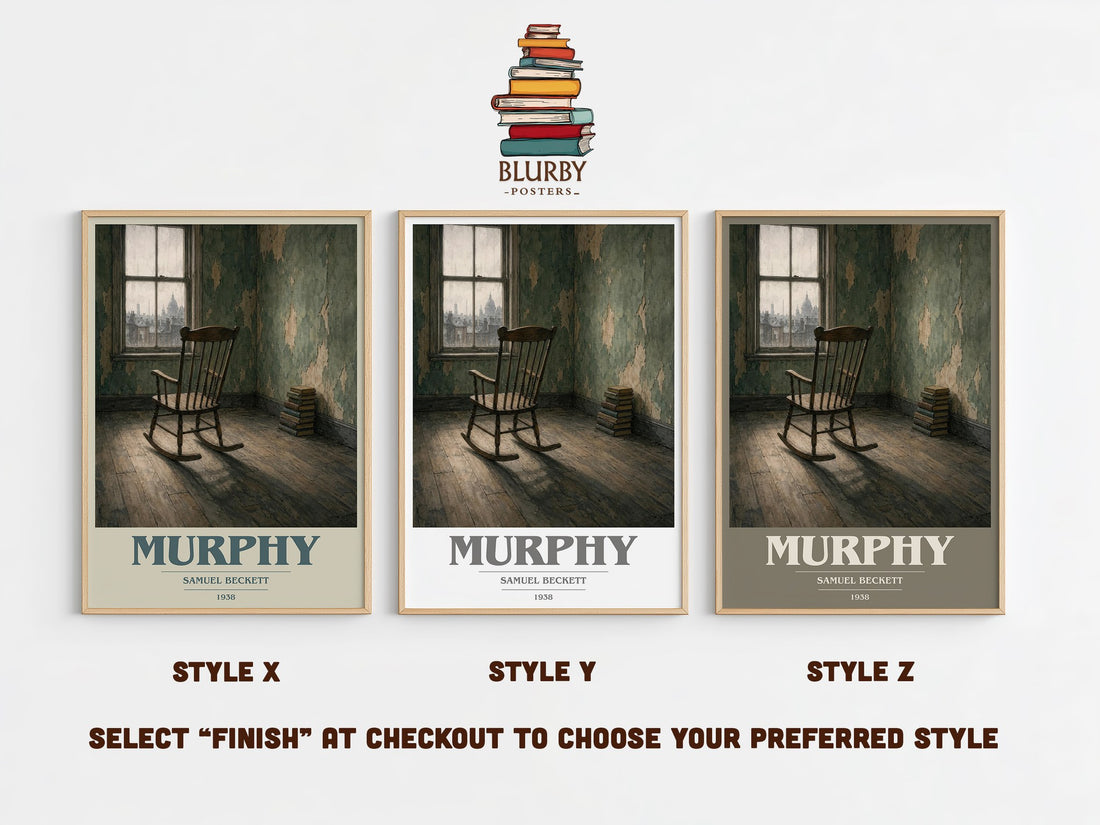 Murphy book cover print in frame leaning in hallway – literary fiction wall art (mockup)