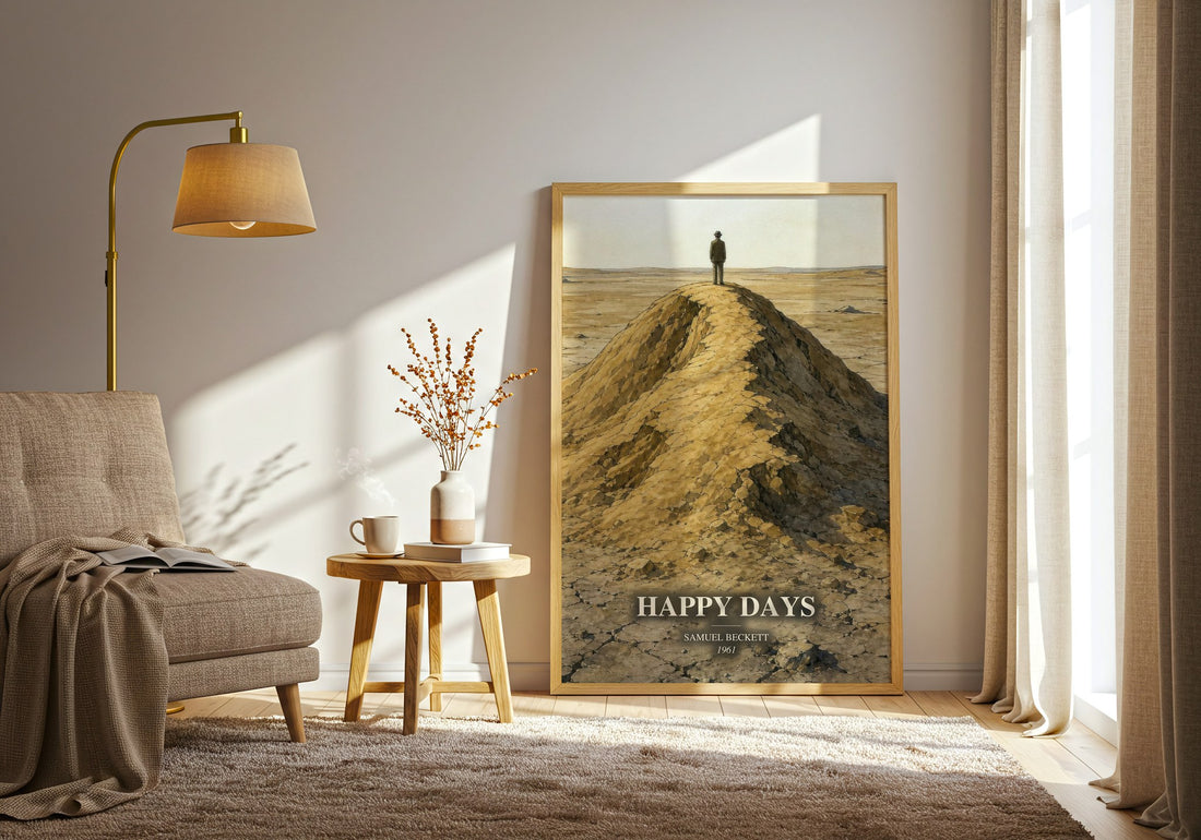 Happy days watercolour print in frame leaning in hallway – literary fiction wall art