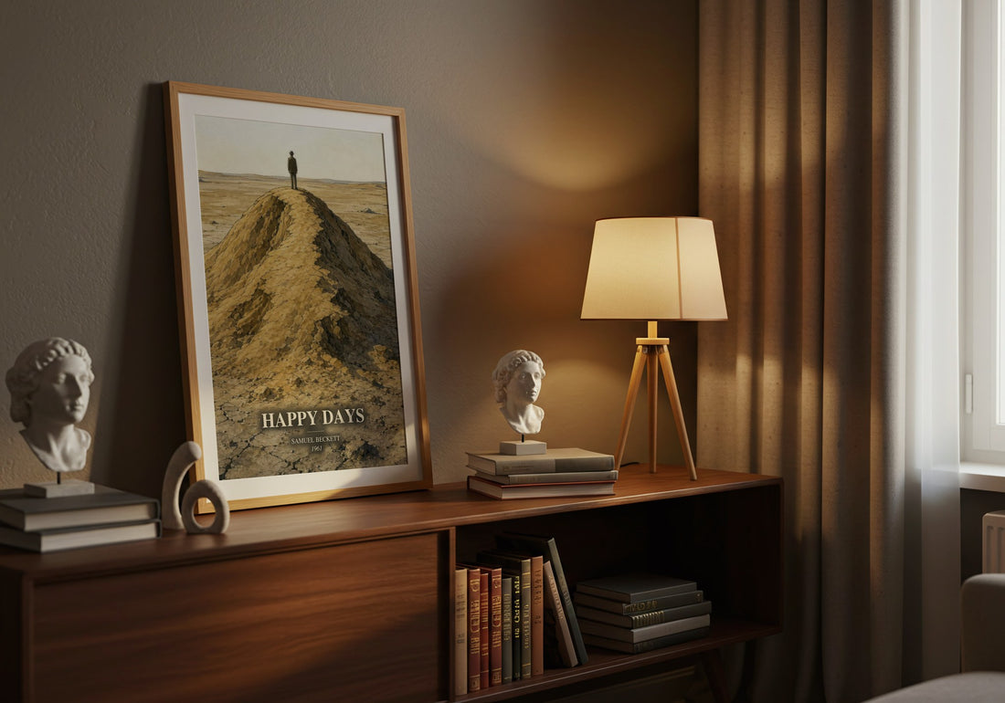 Happy days watercolour print on bookshelf – Samuel Beckett fan gift