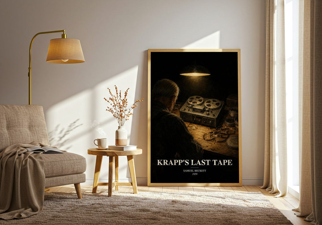 Krapp's last tape watercolour print in frame leaning in hallway – literary fiction wall art