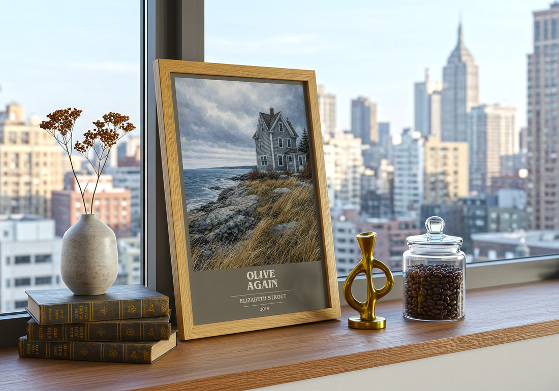 Olive Again book cover print framed by window – literary home decor