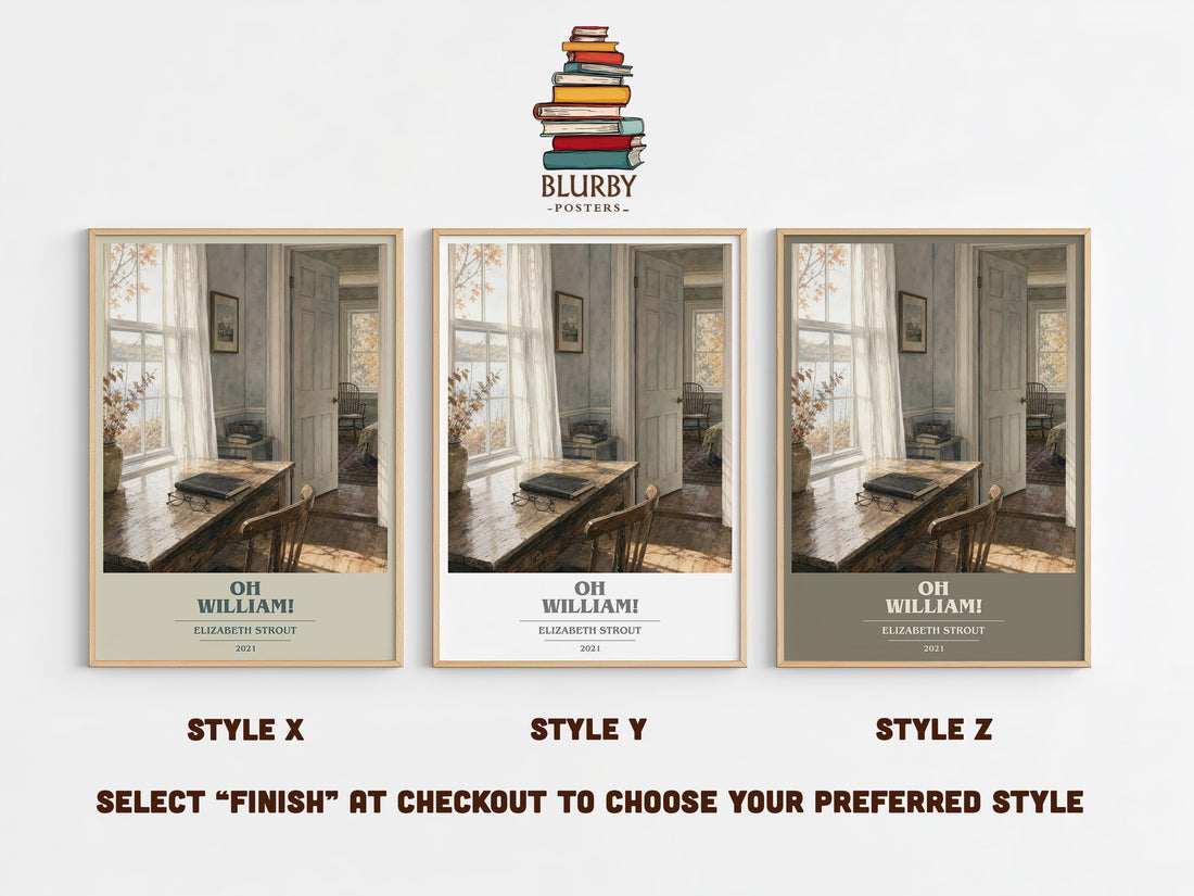 Oh William! book cover print in frame leaning in hallway – literary fiction wall art (mockup)