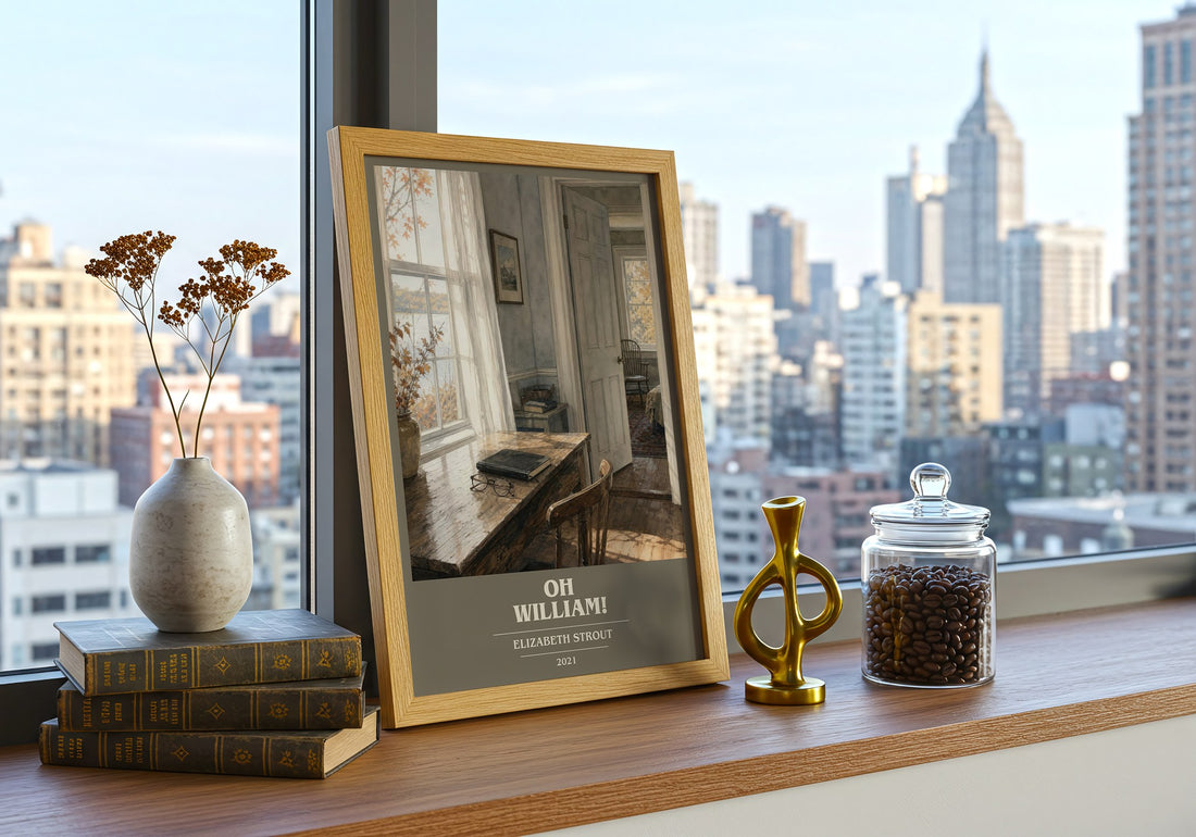 Oh William! book cover print framed by window – literary home decor