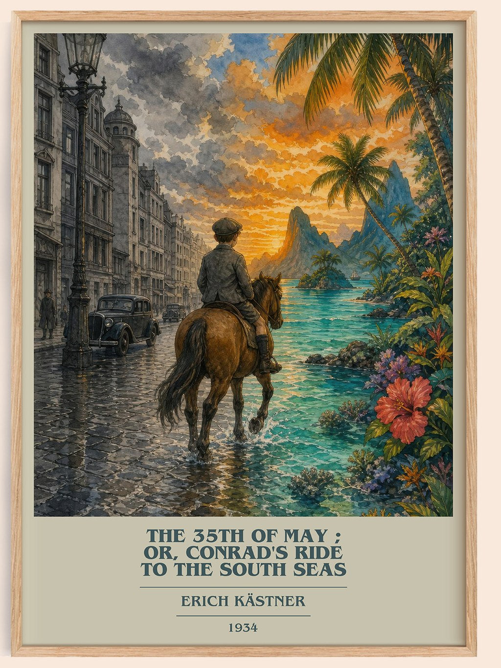 The 35th of May ; or, Conrad's ride to the South seas book cover book poster by Erich Kästner – framed literary art print