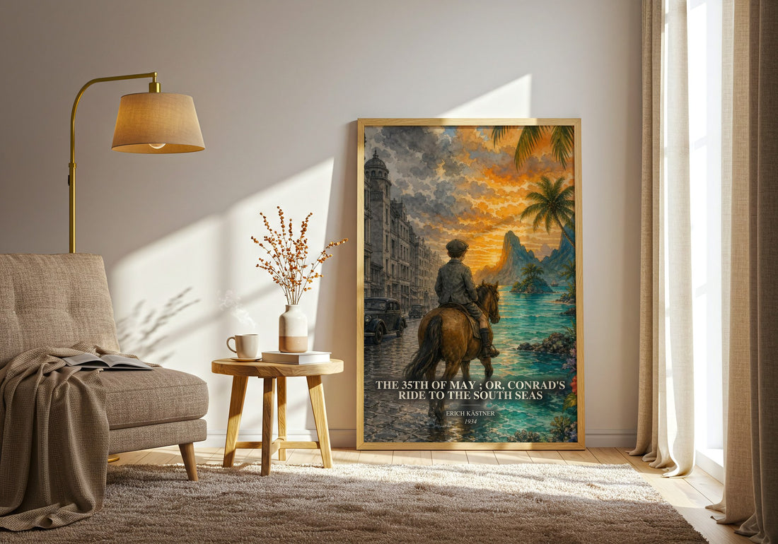 The 35th of May ; or, Conrad's ride to the South seas watercolour print in frame leaning in hallway – childrens wall art
