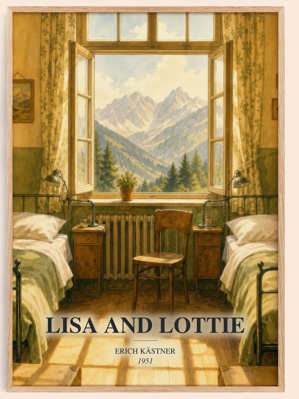 Lisa and Lottie watercolour book poster by Erich Kästner – framed literary art print