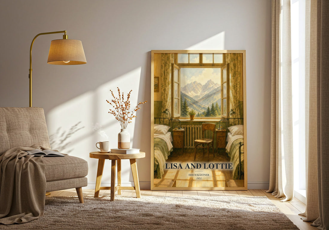 Lisa and Lottie watercolour print in frame leaning in hallway – childrens wall art