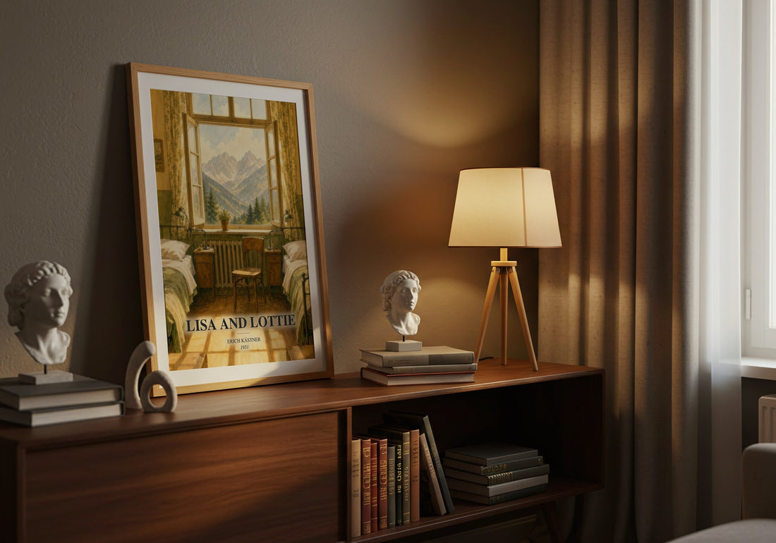 Lisa and Lottie watercolour print on bookshelf – Erich Kästner fan gift