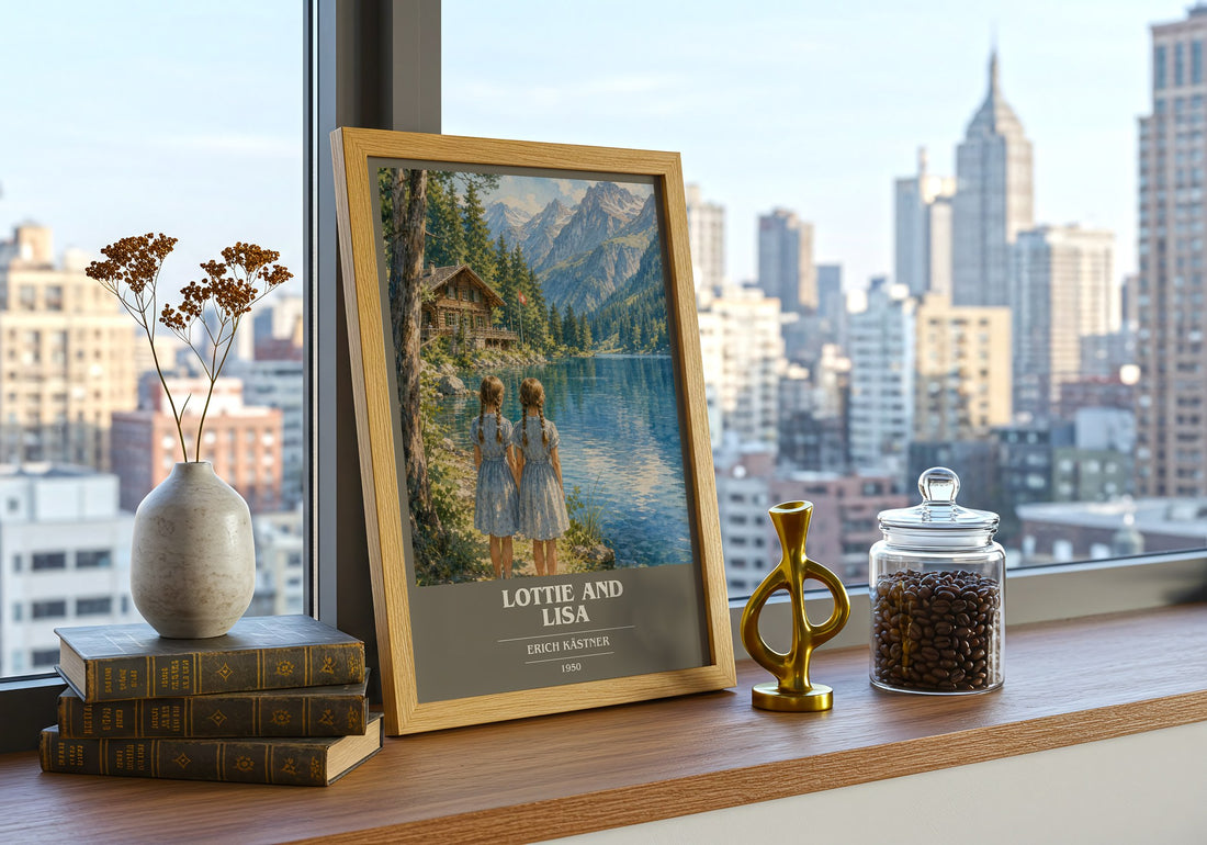 Lottie and Lisa Book Cover Poster by Erich Kästner – framed print on a city-view windowsill