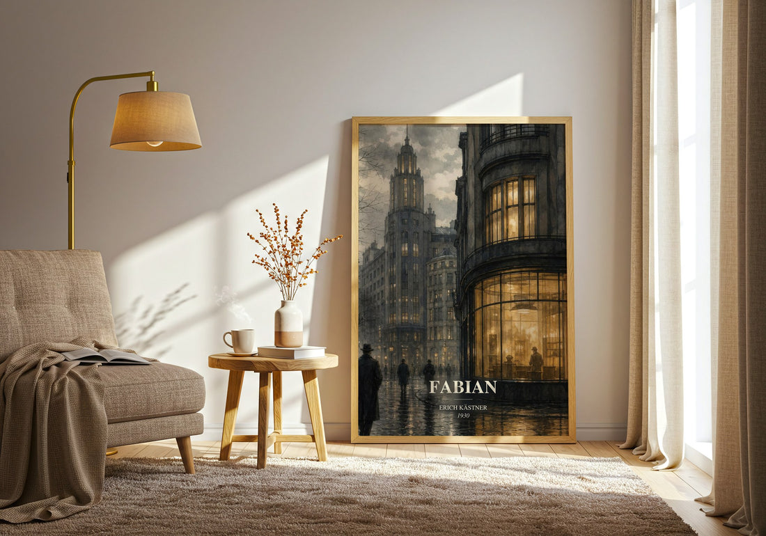 Fabian watercolour print in frame leaning in hallway – literary fiction wall art