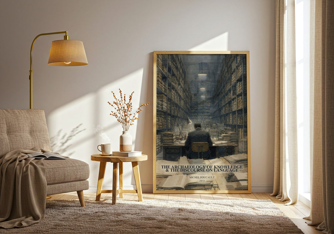 The archaeology of knowledge & The discourse on language watercolour print in frame leaning in hallway – philosophy wall art