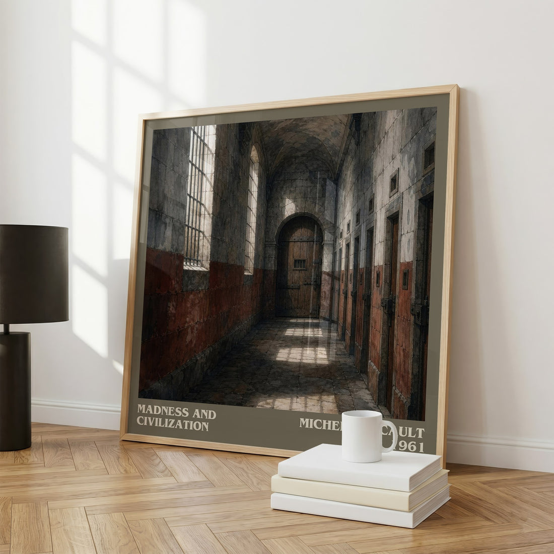 Madness and Civilization Literary Art Print by Michel Foucault – large square framed print leaning against a wall