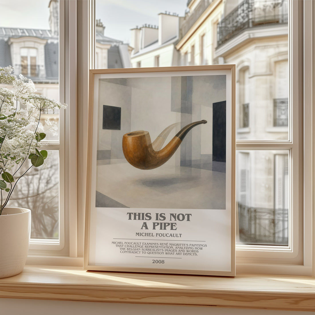 This Is Not a Pipe Bookish Wall Art by Michel Foucault – framed print by a bright window