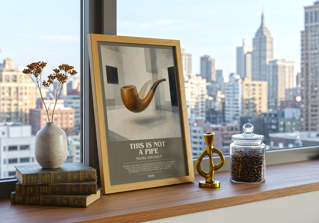This Is Not a Pipe Bookish Wall Art by Michel Foucault – framed print on a city-view windowsill