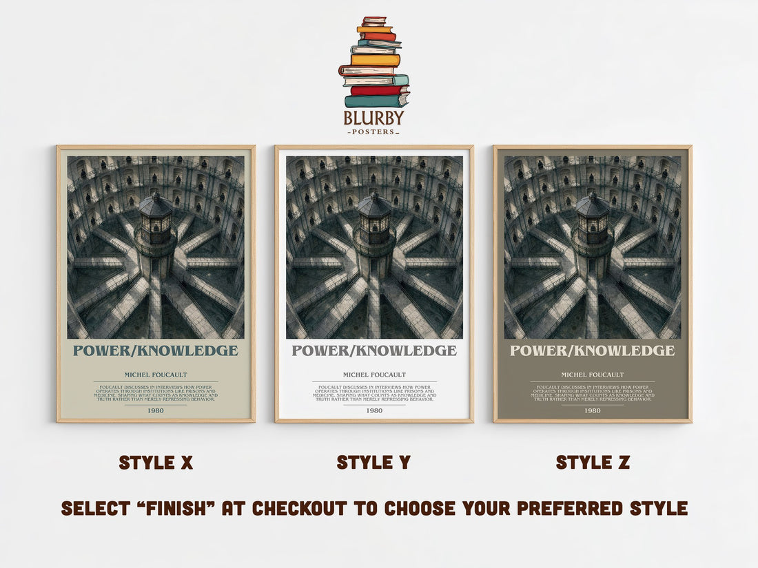 Power/knowledge bookish print in frame leaning in hallway – philosophy wall art (mockup)
