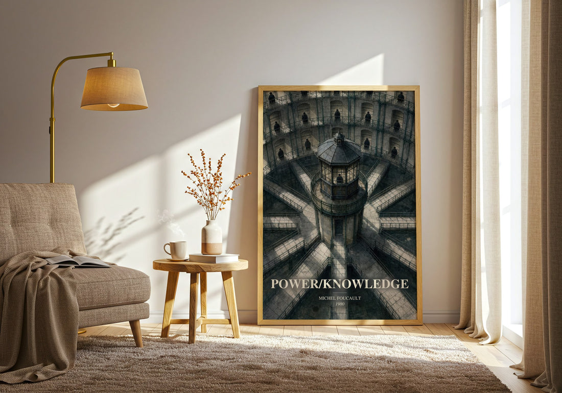 Power/knowledge watercolour print in frame leaning in hallway – philosophy wall art