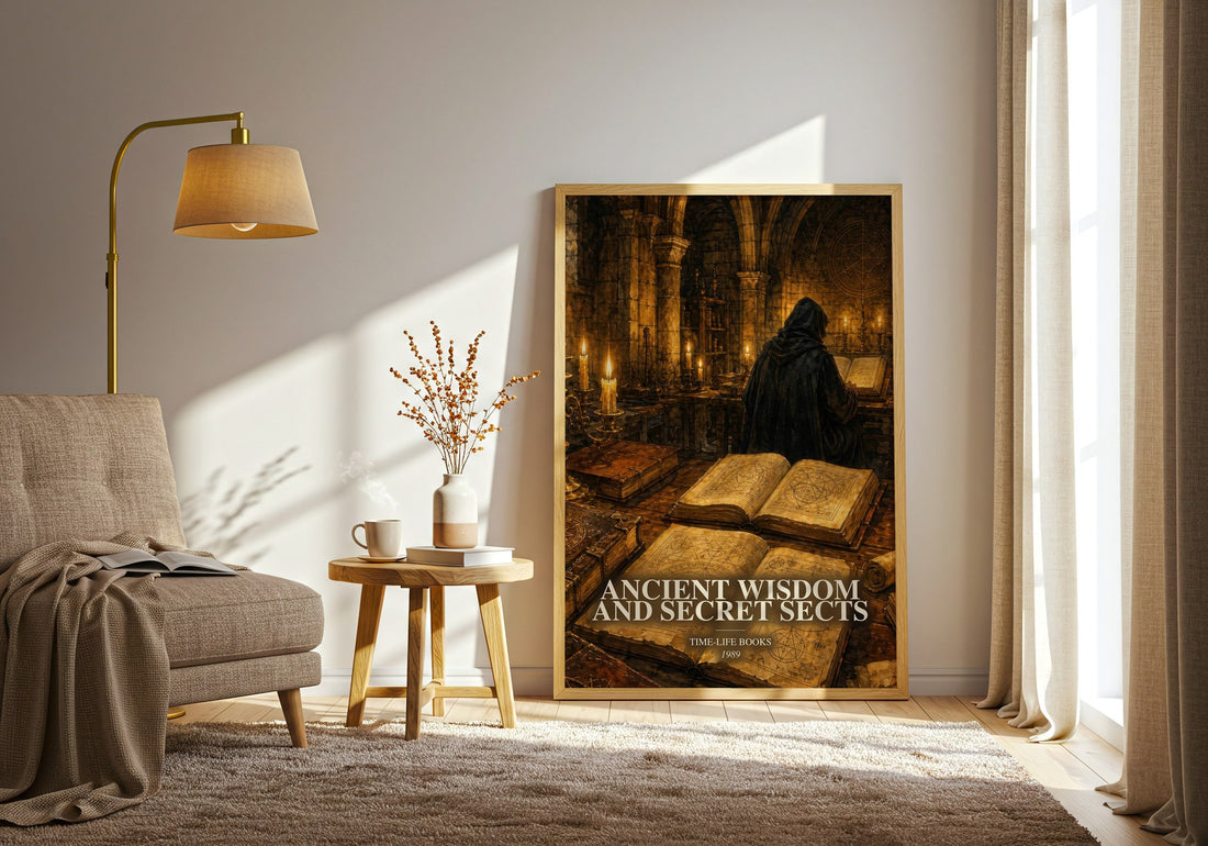 Ancient wisdom and secret sects watercolour print in frame leaning in hallway – non fiction wall art