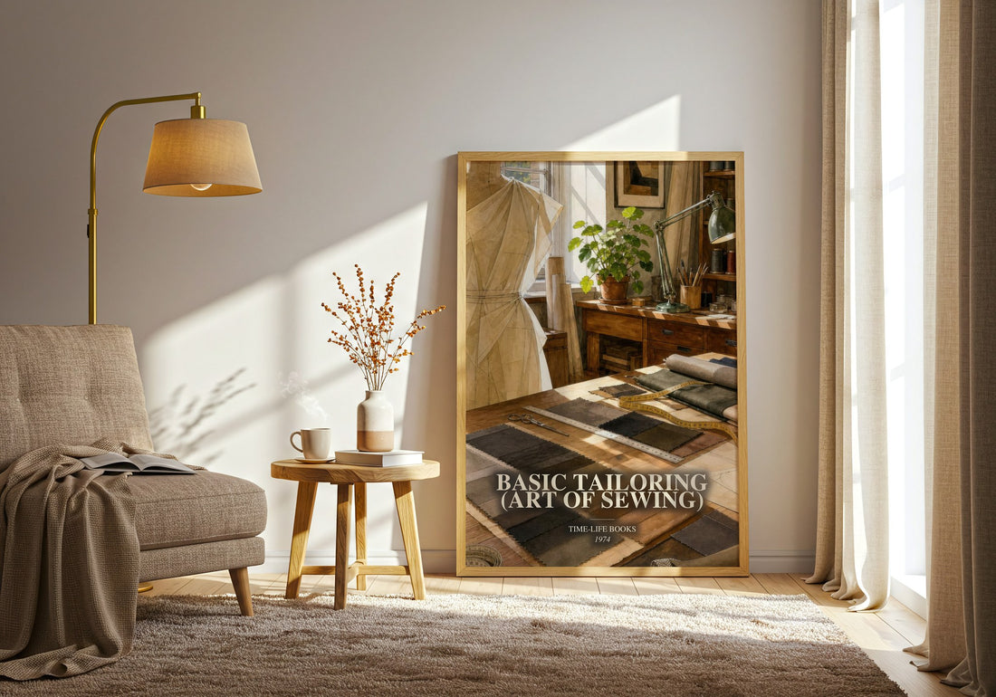 Basic Tailoring (Art of sewing) watercolour print in frame leaning in hallway – non fiction wall art