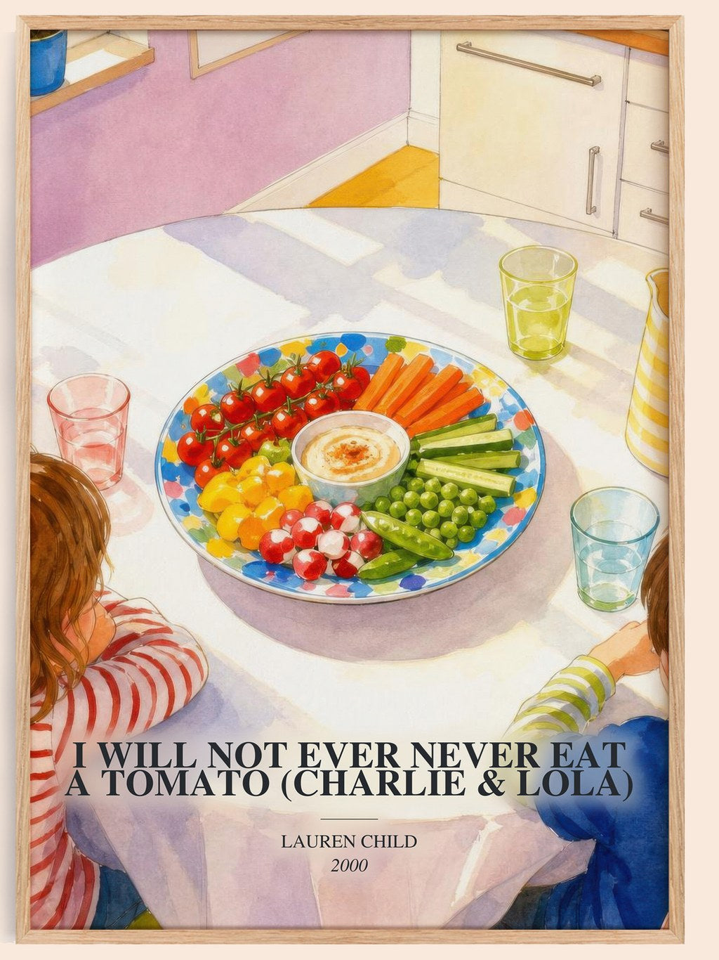 I Will Not Ever Never Eat a Tomato (Charlie & Lola) watercolour book poster by Lauren Child – framed literary art print