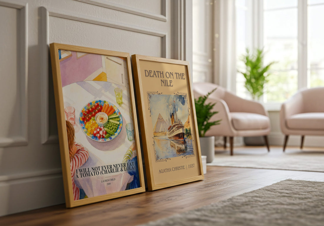 I Will Not Ever Never Eat a Tomato (Charlie & Lola) watercolour print framed by window – literary home decor