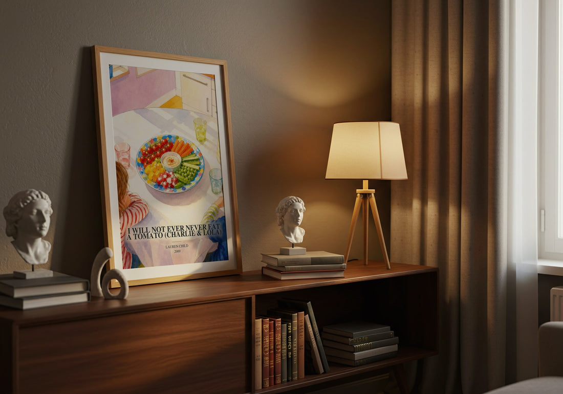 I Will Not Ever Never Eat a Tomato (Charlie & Lola) watercolour print on bookshelf – Lauren Child fan gift