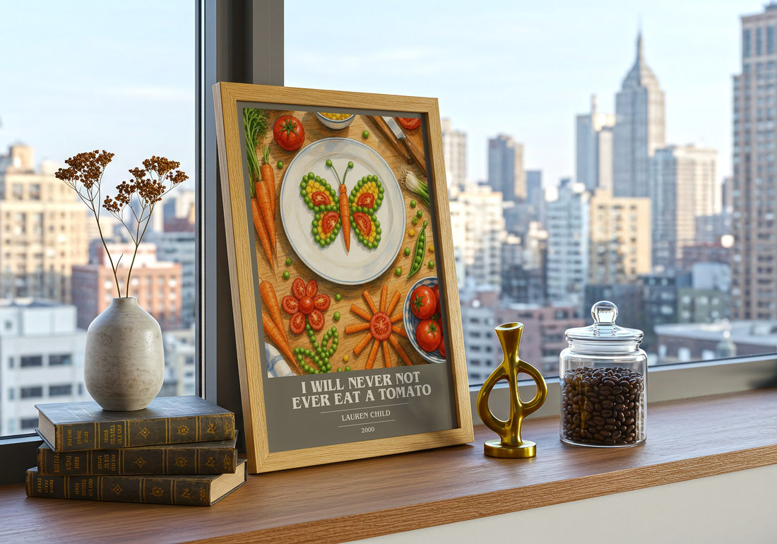 I will never not ever eat a tomato book cover print framed by window – literary home decor