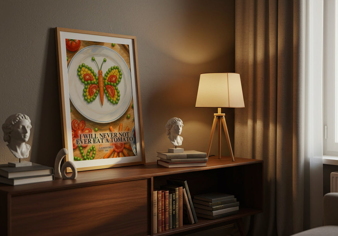 I will never not ever eat a tomato watercolour print on bookshelf – Lauren Child fan gift