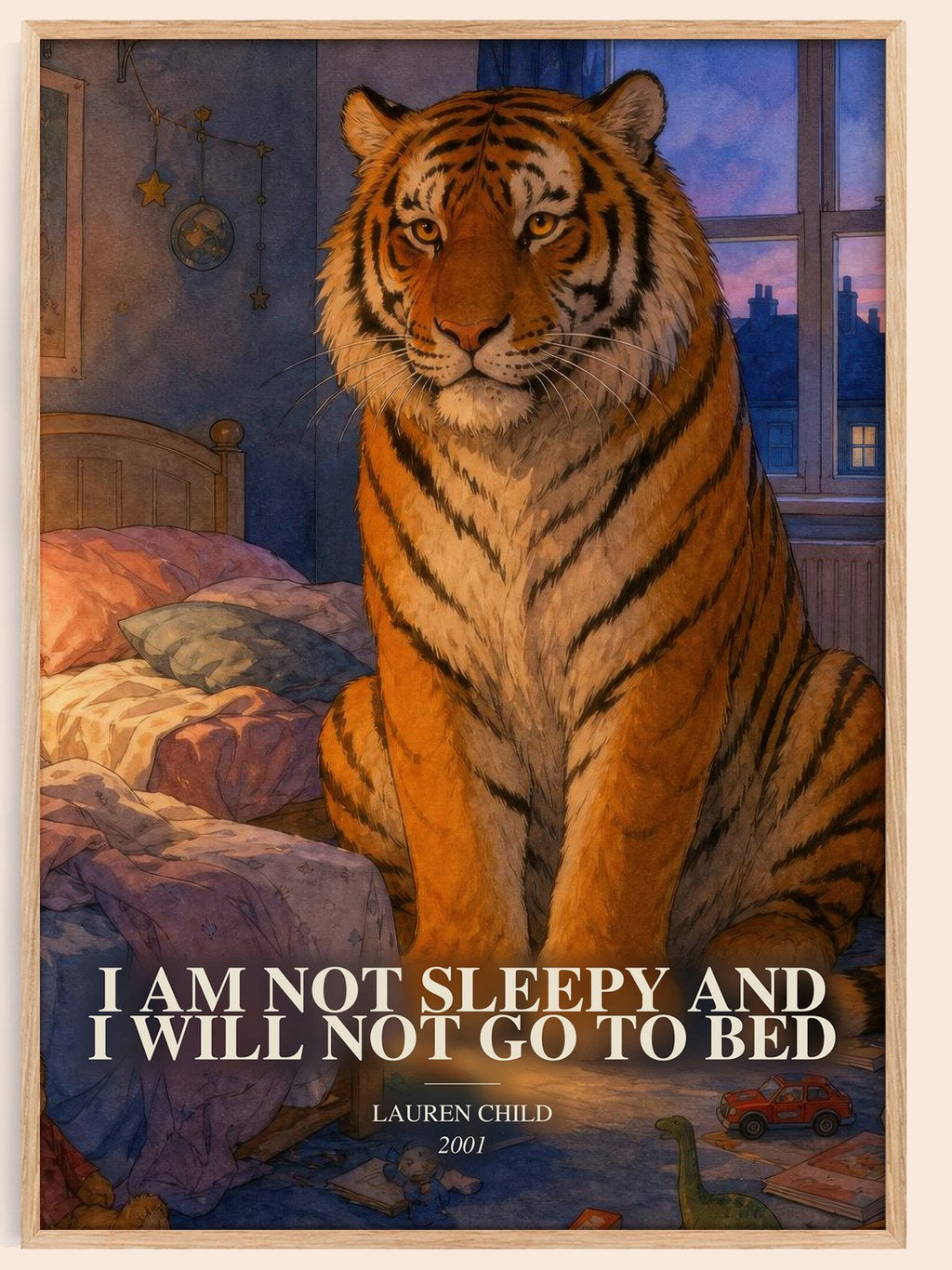 I Am Not Sleepy and I Will Not Go to Bed watercolour book poster by Lauren Child – framed literary art print