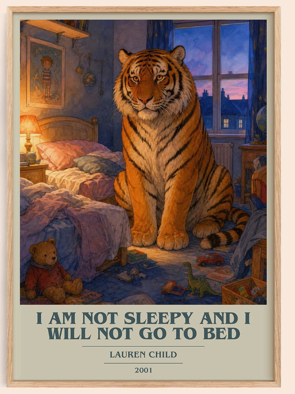 I Am Not Sleepy and I Will Not Go to Bed book cover book poster by Lauren Child – framed literary art print