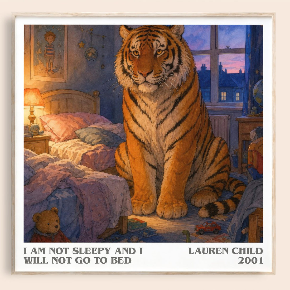 I Am Not Sleepy and I Will Not Go to Bed literary book poster by Lauren Child – framed literary art print