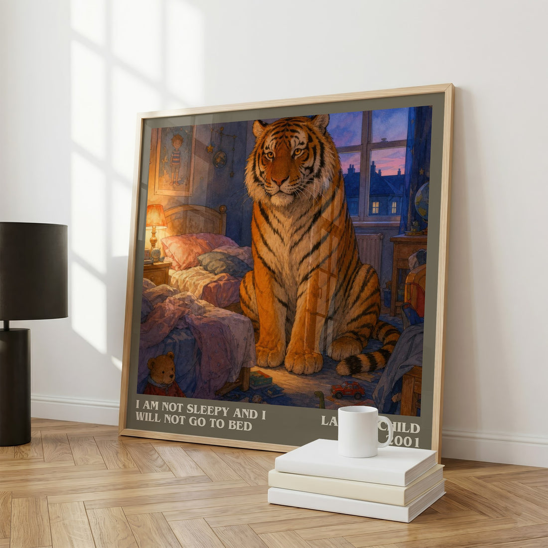 I Am Not Sleepy and I Will Not Go to Bed literary print framed by window – literary home decor